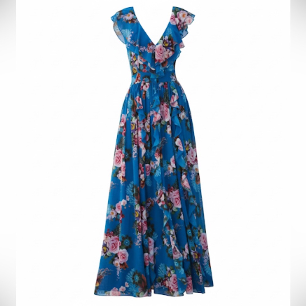 Boston Proper Blue Floral Ruffled  Sleeveless Wedding Guest Maxi Dress Size 6